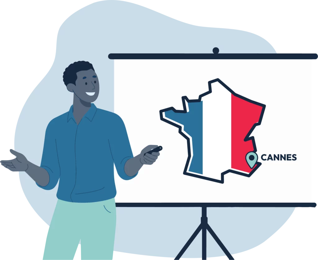 homme qui présente un diaporama avec une carte de France et Cannes